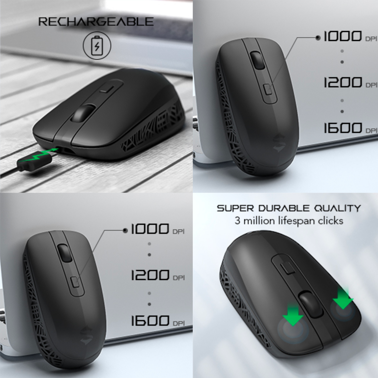 Mouse inalámbrico recargable Black Shark silencioso, 3 DPI ajustables recargable tipo C, ergonómico y USB