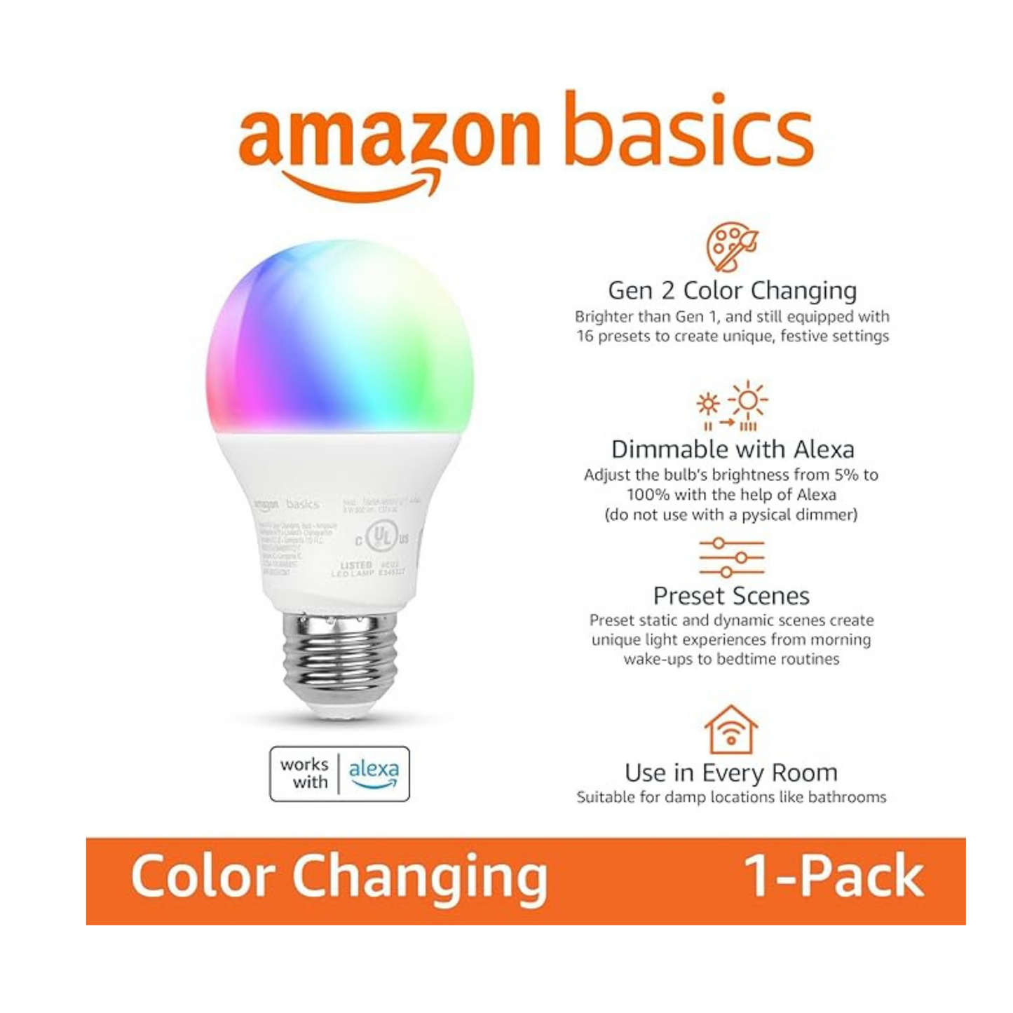 Amazon Basics Foco de Colores LED inteligente A19, funciona con ALEXA