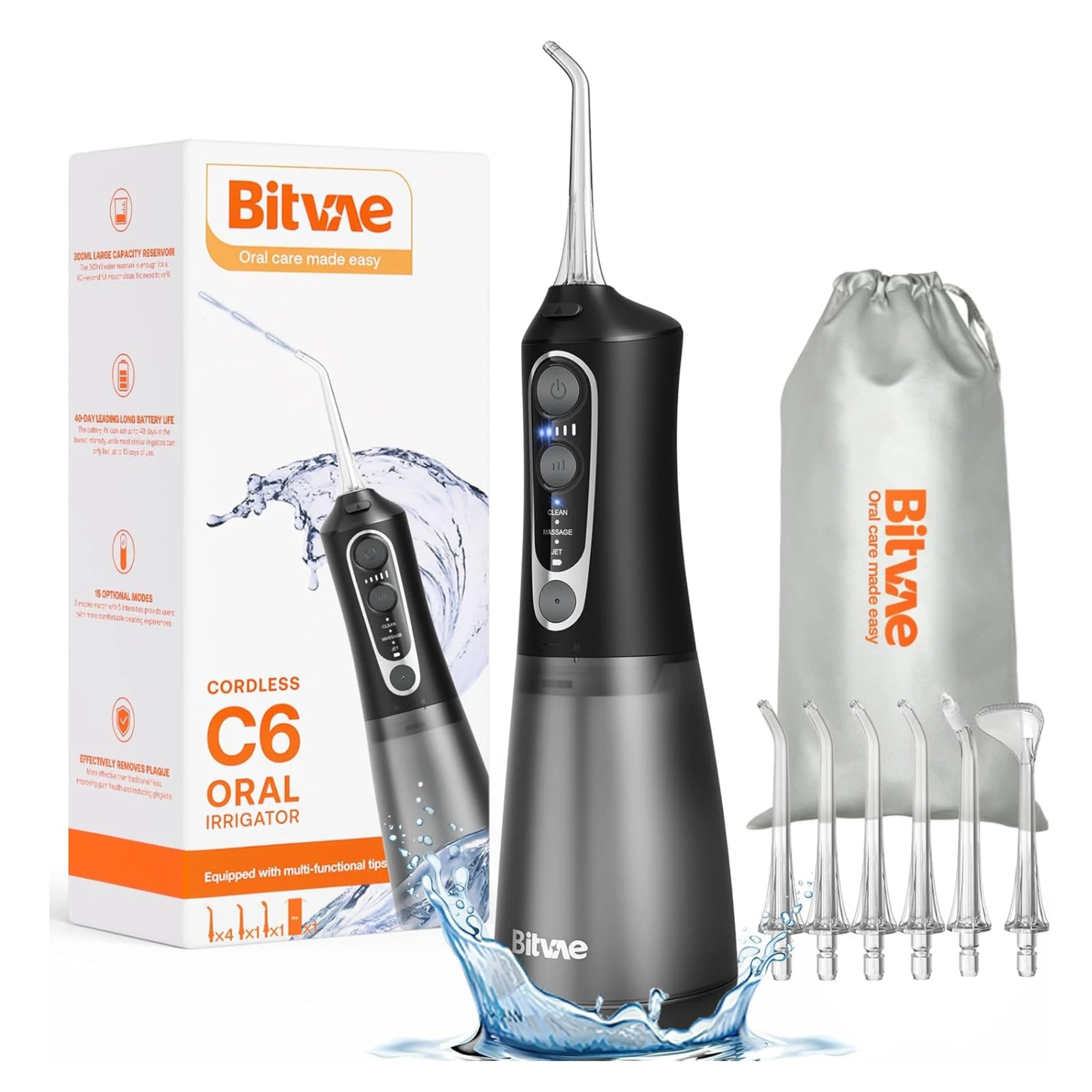Bitvae C6 Irrigador dental inalámbricas, 3 modos, 5 intensidades, IPX7 impermeable